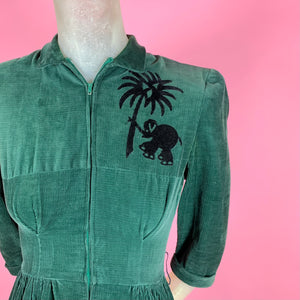 1940s Emerald Green Corduroy Dress w/ Flocked Velvet Elephants