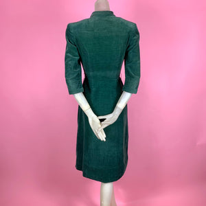 1940s Emerald Green Corduroy Dress w/ Flocked Velvet Elephants