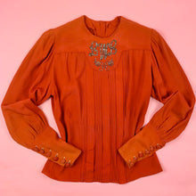 Load image into Gallery viewer, 1940s Beaded Monogram Tomato Red Pleated Blouse
