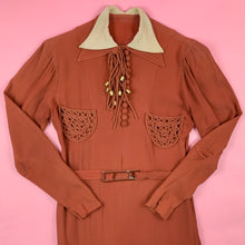 Load image into Gallery viewer, 1930s Rust Rayon Crepe Dress w/ baubles &amp; soutache
