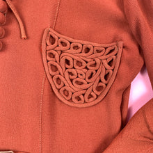 Load image into Gallery viewer, 1930s Rust Rayon Crepe Dress w/ baubles &amp; soutache
