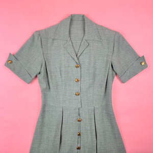 1940s Blue Green Houndstooth Dress w/ Art Nouveau Buttons