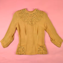 Load image into Gallery viewer, 1940s Mustard Rayon Crepe Leaf Studded Blouse
