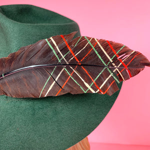 1940s Green Felt Fedora Hat w/ Painted Plaid Feather