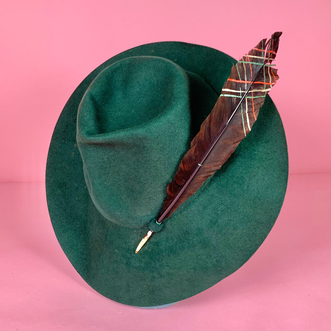 1940s Green Felt Fedora Hat w Painted Plaid Feather Moonbaby