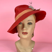 Load image into Gallery viewer, 1940s Red Felt Fedora w/ Feather and Ribbon
