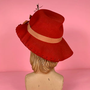 1940s Red Felt Fedora w/ Feather and Ribbon