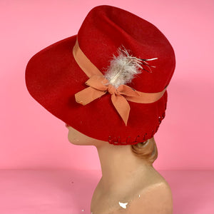 1940s Red Felt Fedora w/ Feather and Ribbon