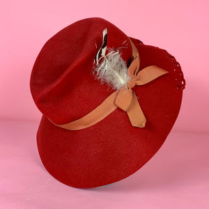 1940s Red Felt Fedora w/ Feather and Ribbon