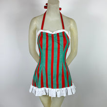 Load image into Gallery viewer, 1950s Red &amp; Green Striped Chambray One Piece Ruffled Swimsuit
