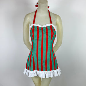 1950s Red & Green Striped Chambray One Piece Ruffled Swimsuit