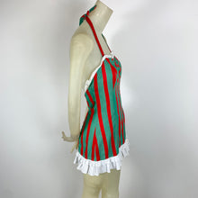 Load image into Gallery viewer, 1950s Red &amp; Green Striped Chambray One Piece Ruffled Swimsuit
