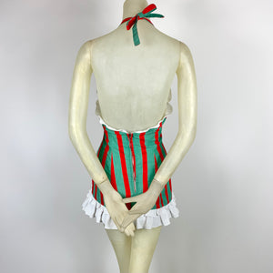 1950s Red & Green Striped Chambray One Piece Ruffled Swimsuit