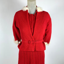 Load image into Gallery viewer, 1940s 5 Piece Red Wool Knit Set w/ White Fur Trim
