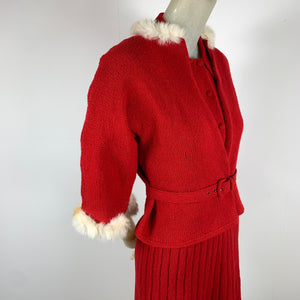 1940s 5 Piece Red Wool Knit Set w/ White Fur Trim