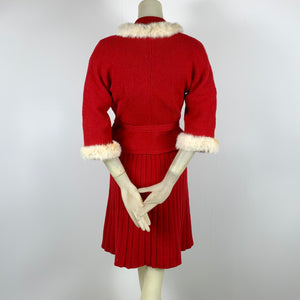 1940s 5 Piece Red Wool Knit Set w/ White Fur Trim