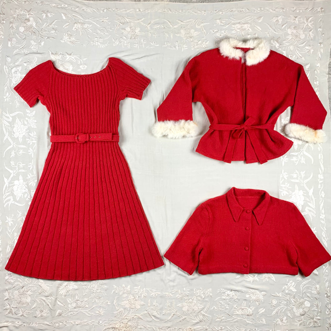 1940s 5 Piece Red Wool Knit Set w/ White Fur Trim