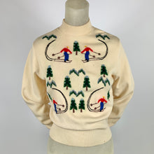 Load image into Gallery viewer, 1940s Wool Sweater w/ Embroidered Skiing People
