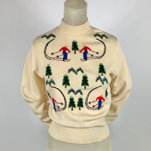 1940s Wool Sweater w/ Embroidered Skiing People