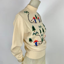 Load image into Gallery viewer, 1940s Wool Sweater w/ Embroidered Skiing People
