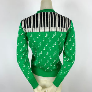 1940s Green Jacquard Novelty Sweater w/ Piano Keys & Music Notes