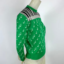 Load image into Gallery viewer, 1940s Green Jacquard Novelty Sweater w/ Piano Keys &amp; Music Notes
