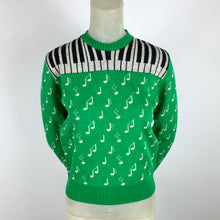 Load image into Gallery viewer, 1940s Green Jacquard Novelty Sweater w/ Piano Keys &amp; Music Notes
