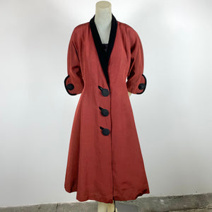 1950s Red/Black Faille Princess Coat w/ Oversized Buttons