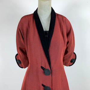 1950s Red/Black Faille Princess Coat w/ Oversized Buttons