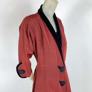 1950s Red/Black Faille Princess Coat w/ Oversized Buttons