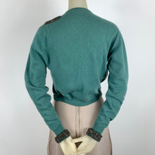 Load image into Gallery viewer, 1950s Green Cashmere Sweater with Tweed Bow &amp; Cuffs by Madame Gabrielle
