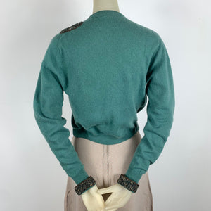 1950s Green Cashmere Sweater with Tweed Bow & Cuffs by Madame Gabrielle