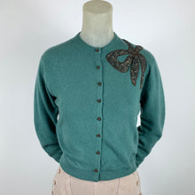 Load image into Gallery viewer, 1950s Green Cashmere Sweater with Tweed Bow &amp; Cuffs by Madame Gabrielle
