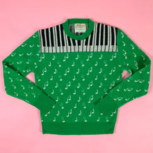 Load image into Gallery viewer, 1940s Green Jacquard Novelty Sweater w/ Piano Keys &amp; Music Notes
