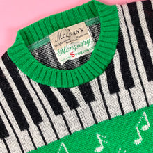 Load image into Gallery viewer, 1940s Green Jacquard Novelty Sweater w/ Piano Keys &amp; Music Notes
