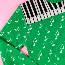 Load image into Gallery viewer, 1940s Green Jacquard Novelty Sweater w/ Piano Keys &amp; Music Notes
