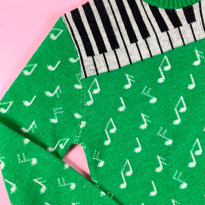 1940s Green Jacquard Novelty Sweater w/ Piano Keys & Music Notes