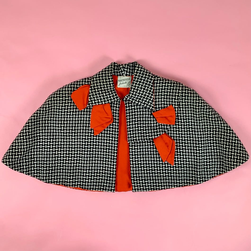 1940s Mademoiselle Juliette Tweed Cape w/ Big Red Bows