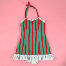 Load image into Gallery viewer, 1950s Red &amp; Green Striped Chambray One Piece Ruffled Swimsuit
