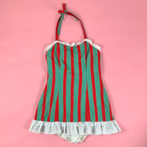 1950s Red & Green Striped Chambray One Piece Ruffled Swimsuit