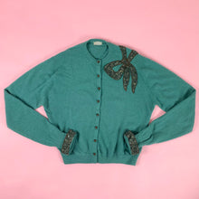 Load image into Gallery viewer, 1950s Green Cashmere Sweater with Tweed Bow &amp; Cuffs by Madame Gabrielle
