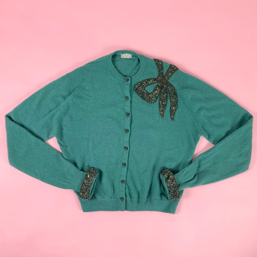 1950s Green Cashmere Sweater with Tweed Bow & Cuffs by Madame Gabrielle