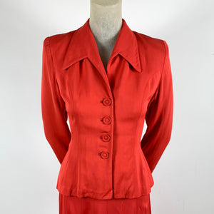 1940s Lipstick Red Gaberdine Skirt Suit w/ Pointy Collar