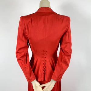 1940s Lipstick Red Gaberdine Skirt Suit w/ Pointy Collar