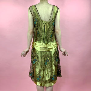 1920s Egyptian Revival Gold Silk Satin Dress With Metallic Trim & Embroidery