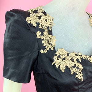 1930s Bis Cut Duchess Satin Gown With Metallic Guipure Lace