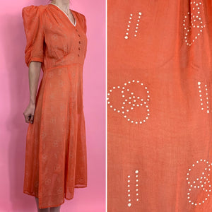 Printed 1930s Orange Voile Dress With Puff Sleeves