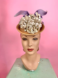 Late 1930s/ 1940s Victorian Style Tilt Hat w/ Flowers and Velvet Ribbon