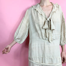 Load image into Gallery viewer, 1920s Raw Silk Dress With Ruffles &amp; Balloon Sleeves
