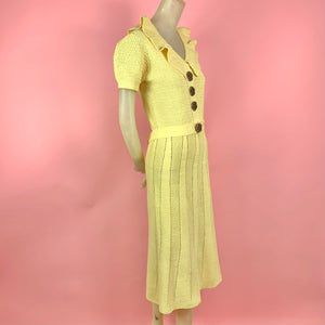 1930s Butter Yellow Crochet Dress w/ Wooden Flower Buttons